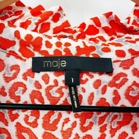 Maje Rutti Ruffled Leopard-Print Mini Dress in Red Orange Size Small - Picture 9 of 13